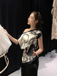 Temperament Lady Tops Summer Blouses Women'S Clothes off Shoulder Irregular Shirts Loose Print Skew Collar Sexy Camisas De Mujer