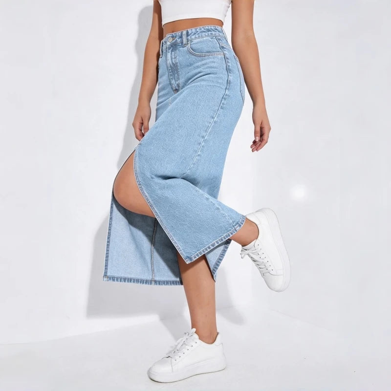 Women High Waist Light Blue Washed Denim Midi Skirt Front Slit Elastic Stretch Long Jean Skirt Casual