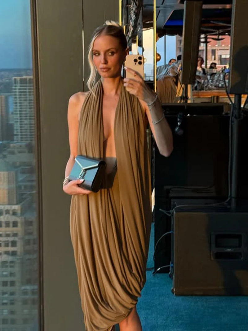 Ruched Halter Maxi Dress Women Sleeveless Backless Irregular Hem Solid Vacation Classic Basis Prom Party Elegant Vestidos
