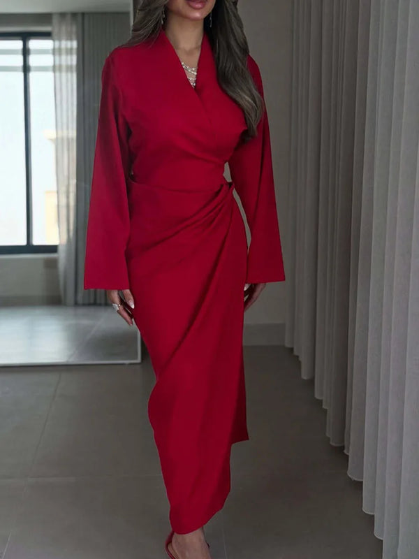 Women'S Sexy V-Neck Long Sleeve Red Dress Elegant Temperament Solid Color Long Dress Fashion Draped Hight Waist Slim Party Dress