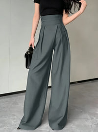 Chic Grey Wrap High Waist Wide Leg Pants - Pleated Draped Loose Fit Trousers, for Office Daily Casual Street Outfits