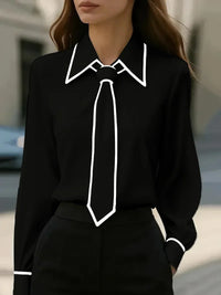Women'S Blouse Fashion Shirt Formal Bow Tie Long-Sleeve Contrasting Trim Tops Slim-Fit Workwear Elegant Office Lady Shirts Women