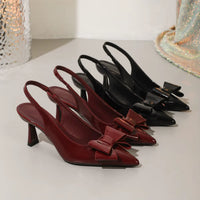 Ladies Summer Pumps Patent Leather Point Toe Bowtie Thin Heels Rhinestones Soft Slingback Breathable Dress Shoes