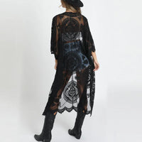 Sexy See through Long Lace Blouse Women Bikini Cover up Sheer Vintage Summer Cardigan Boho Beach Kaftan Robe Vestidos