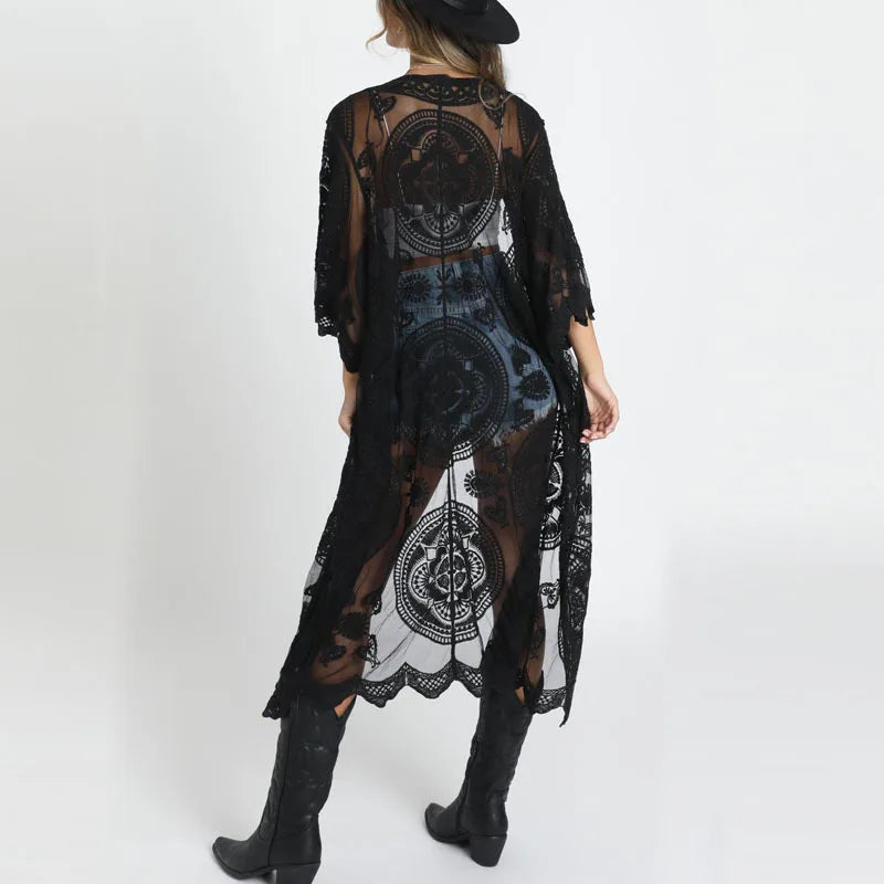 Sexy See through Long Lace Blouse Women Bikini Cover up Sheer Vintage Summer Cardigan Boho Beach Kaftan Robe Vestidos