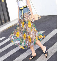 Fashion Casual Denim Patchwork Chiffon Skirt 2025 Summer New Office Lady Commute All-Match Printed A-Line High Waist Midi Skirts