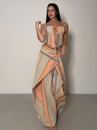 Sexy Women'S Sling Set Hollow Out Lace up Corset Wide Leg Pants Female Stripe Sets 2026 Summer High Street New Fashion Lady Suit