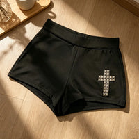 Summer Cross Diamond Decorative Black Ultra-Short Pants Women'S Elastic Waist Mid-Waist Leggings Fashionable and Stylish
