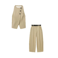 Women'S Solid Sleeveless Backless Buttoned Lace up Top & Wide-Leg Pants Two-Piece Set Spring Summer Casual Outings Street Style