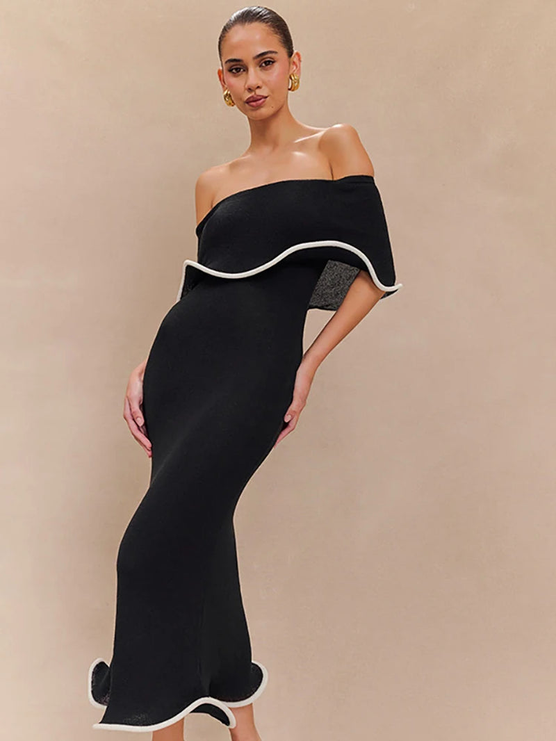 Patchwork Sexy Strapless Ruffles Women Midi Dress Black Backless High Waist Dress Spring Slim Elegant Party Clubwear