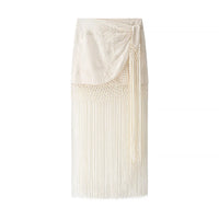 Women'S Fashion Embroidered Sexy Tassel Spliced Skirt Female Temperament High Waist Knot Asymmetrical Casual Midi Skirt