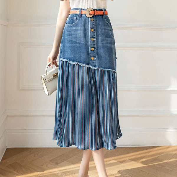 S-5XL Patchwork Pleated Jeans Skirts Women High Waist Ripped Skirts Vintage Elegant Korean Fashion Denim Skirts Big Size KS10294
