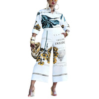 Women'S 2-Piece Floral Letter Print Outfit, Long Sleeve Button-Down Shirt & High Waist Wide Leg Pants, Elegant Casual Co-Ord Set