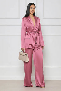 Two-Piece Silk Suit for African Women, V-Neck Lace up Shirt, Wide Leg Pants, Casual Fashion, Autumn