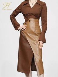 Autumn 2 Pieces Set Women Long Sleeve + High Waist Contrast Color Pencil Skirts Casual Simple Office Lady Skirt Suit