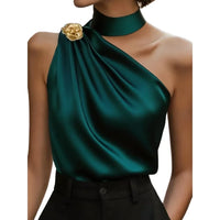 Chic Halter One Shoulder Satin Draped Dark Green Blouse, Sleeveless Top for Party & Office Women
