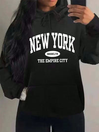 New York Text Pattern Pocket Drawstring Hoodie Fleece Warm Hoodies Long Sleeve Tops Autumn Fashion Hoody Casual Loose Streetwear
