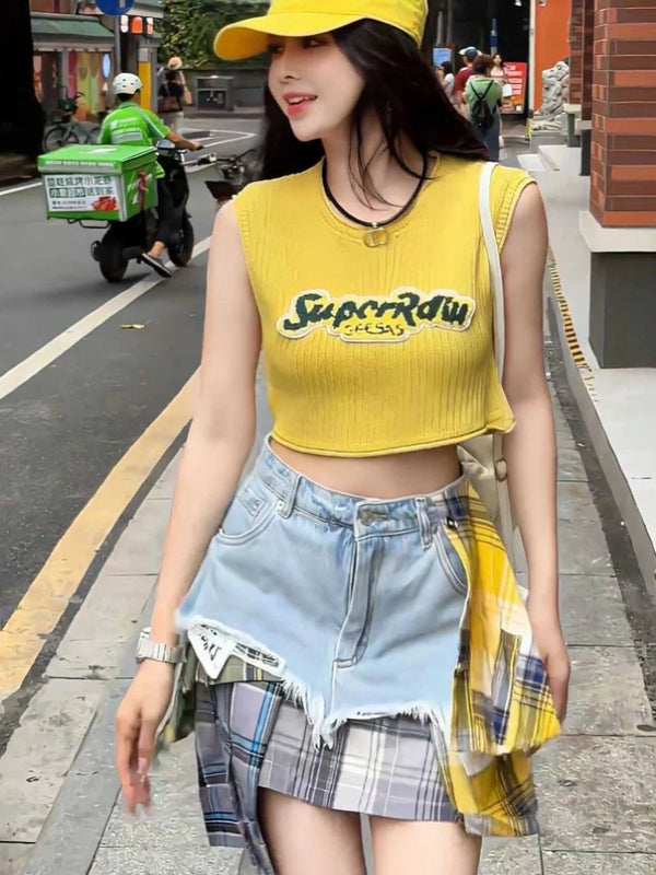 Women'S Denim Skirt Colored Plaid Patchwork Irregular Deconstructed A-Line High Waist Mini Skirt 2025 Summer New Fashion Vintage