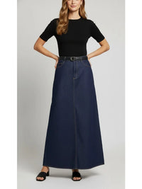 2026 New Women'S Dark Blue Denim Skirt Zippered High Waist Pockets A-Line Ankle-Length Skirts Casual Commuter Bottoms