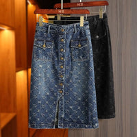 Spring Love Jacquard Denim Skirt Women Autumn 2025 New Casual Slim Split Buttock Skirt with Pockets Female Long Denim Skirts
