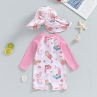 Baby Girls Bathing Suit Sea Shell Print Long Sleeve Rash Guard Swimsuit Wide Brim Sun Hat Infant Toddler Beachwear
