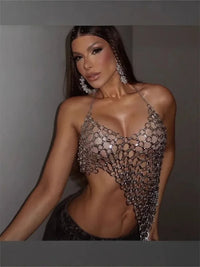 Beach Sexy and Fashionable Backless Neck Hanging Gemstone Patchwork Vest Top Elegant Small Fragrance Strapless Chain
