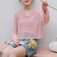 Pointelle Knit Hooded Sweater for Women Sheer Openwork Long Sleeve Boxy-Fit Pullover Crop Top Teen-Girl Spring Summer Y2K Outfit