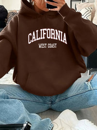 Women'S Autumn and Winter Casual Fashion Loose California West Coast Printed Hooded Drawstring Long Sleeved Warm Pullover