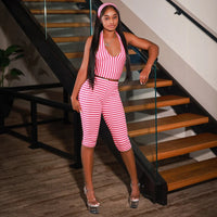 Retro Striped Headband Hanging Neck Top, Slim Fit Shorts, Fashionable Three Piece Set