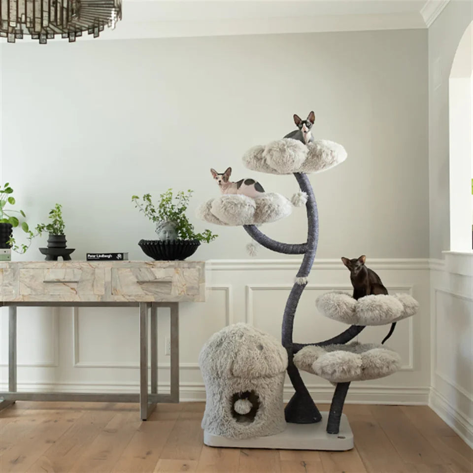 Gray 1 Modern Cat Tree Tower Wooden Flower Cat Tree Wood Floral Cat Climbing Tree Tower for Scratcher Christmas