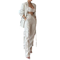 Spring Autumn New Women'S 2Pcs Sets Elegant Long Sleeve Blazer Suit and Wide Leg Cargo Pants Set Solid Color Office Lady Suit