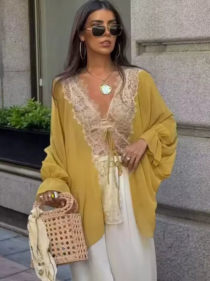Women LaceBlouse Dentelle Femme | Manches Longues Élégantes Patchwork Lantern Long Sleeve Blouse Tops 2026 Summer New Tie-Up Loose Sheer Blouse Female Irregular High Street Tops