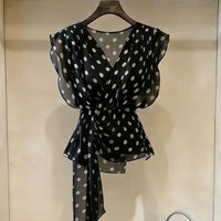 Women Chiffon Polka Dot Printing Bandage Vintage Blouse Thin Sleeveless Temperament Shirt Tops Summer Elegant Fashion Clothing