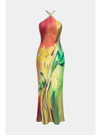 Color Blocking Ink Wash Flower Print Cross Hanging Collar Slimming Vacation Long Suspender Skirt for Women
