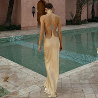 GG 2026 Sexy Backless Satin Maxi Dress for Women Spaghetti Strap Crystal Back Evening Dress Elegant Bodycon Party Slim Fit Dress