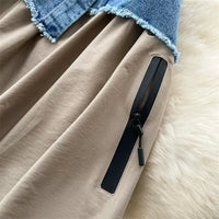 New Niche Design Women Denim Patchwork Khaki Midi Skirt Asymmetrical Waist Drawstring Hem Bubble Skirt Zipper Pockets SK8003