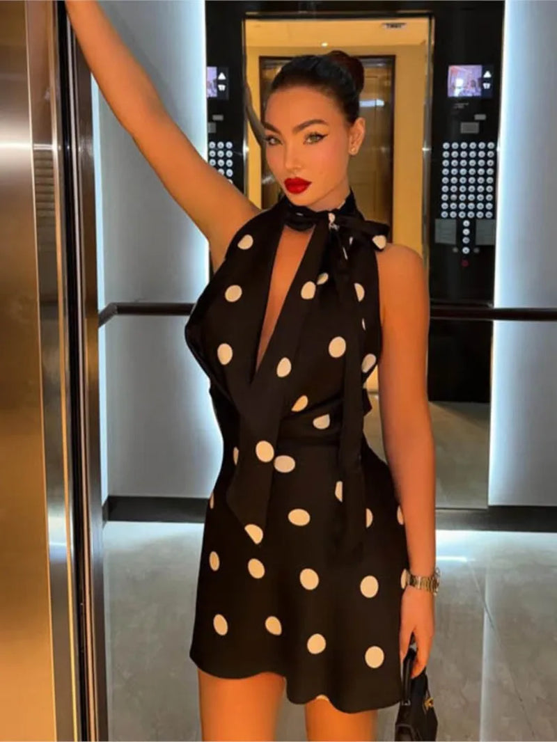 Halter Neck Party Dresses for Woman Polka Dot Dress Sexy Strappy Deep V Backless Vestidos New Fashion Leace-Up Temperament Slim