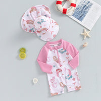 Baby Girls Bathing Suit Sea Shell Print Long Sleeve Rash Guard Swimsuit Wide Brim Sun Hat Infant Toddler Beachwear