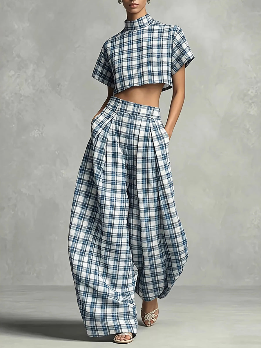 Women Vintage Mock Neck Plaid 2 Piece Outfit Casual Short Sleeve Crop Top High Waist Pleated Wide Leg Harem Pants Summer Outfits