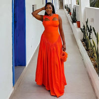 Summer Woman Dress Elegant Party Sleeveless round Neck Dresses Orange Cut Out Maxi Dress a Line Pleated Waist Long Dress