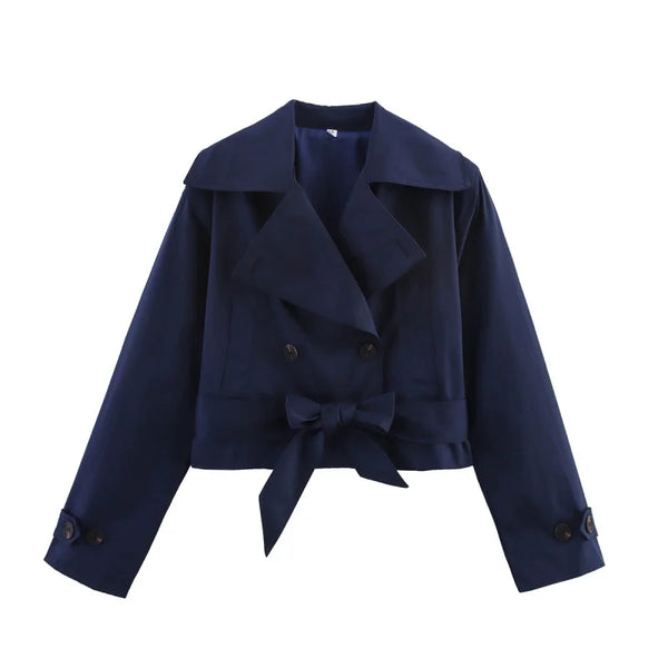 2025 New Women'S British Wind Trench Coat Style Double-Breasted Long Sleeve Belt Lapel Jacket Short Coat