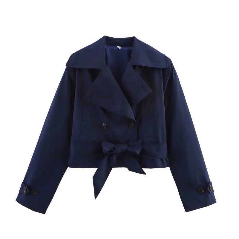 2025 New Women'S British Wind Trench Coat Style Double-Breasted Long Sleeve Belt Lapel Jacket Short Coat