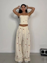 Sexy Women'S Sling Set Hollow Out Lace up Corset Wide Leg Pants Female Stripe Sets 2026 Summer High Street New Fashion Lady Suit