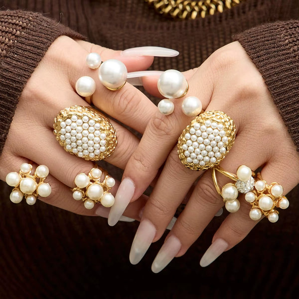 Wholesale Waterproof Chunky Statement Pearl Ring 18K Gold Plated Stainless Steel Pearl Ring for Women
