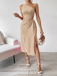 Fashion Dresses Women Solid Color Slant Neck Sleeveless Backless Dress Female Office Commuter Gown