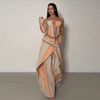 Sexy Women'S Sling Set Hollow Out Lace up Corset Wide Leg Pants Female Stripe Sets 2026 Summer High Street New Fashion Lady Suit