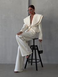 Laur 2026 Oversized Double Layer Lapel Cropped Blazer Two Piece Set High Waist Wide Leg Trousers Elegant Formal Matching Outfit