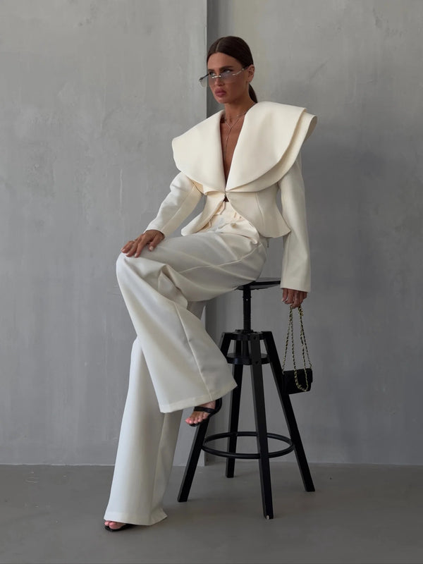 Laur 2026 Oversized Double Layer Lapel Cropped Blazer Two Piece Set High Waist Wide Leg Trousers Elegant Formal Matching Outfit