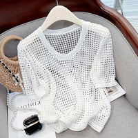 Streetwear Jumper Summer Hollow Thin Short Sleeve Loose round Neck Knitwear Outerwears Oversized Sweater Women Korean Fashion