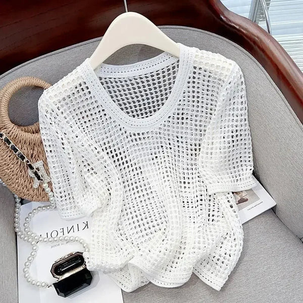 Streetwear Jumper Summer Hollow Thin Short Sleeve Loose round Neck Knitwear Outerwears Oversized Sweater Women Korean Fashion